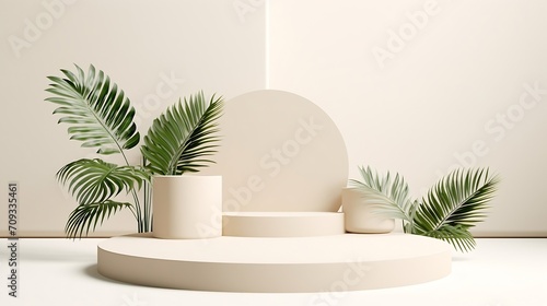Generative AI : 3d geometric podium mockup leaf tropical netural concept for showcase white background photo