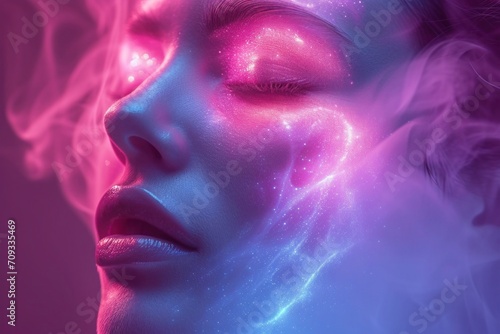 Striking portrait with contrasting blue and red lighting.. Close-up of a woman's face bathed in neon glow, zen 