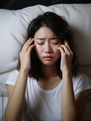 Generative AI   Young Asian woman in her bed suffering from headache