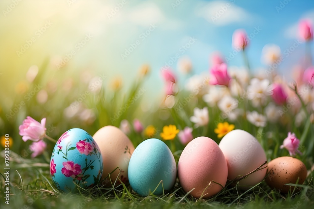 Colorful easter eggs in grass with blurred background. Easter decoration background.