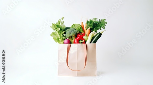 Generative AI : Fresh vegetables in paper shopping bag on white background