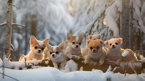 Funny cute adorable chihuahua puppy dogs in snow forest riding posing on tree winter and christmas concepts.