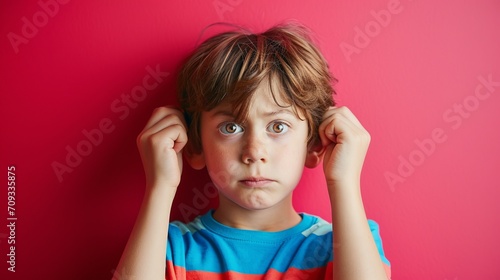 Generative AI image of a Caucasian boy pulling on his ears and widening his eyes in a playful manner against a color backdrop photo