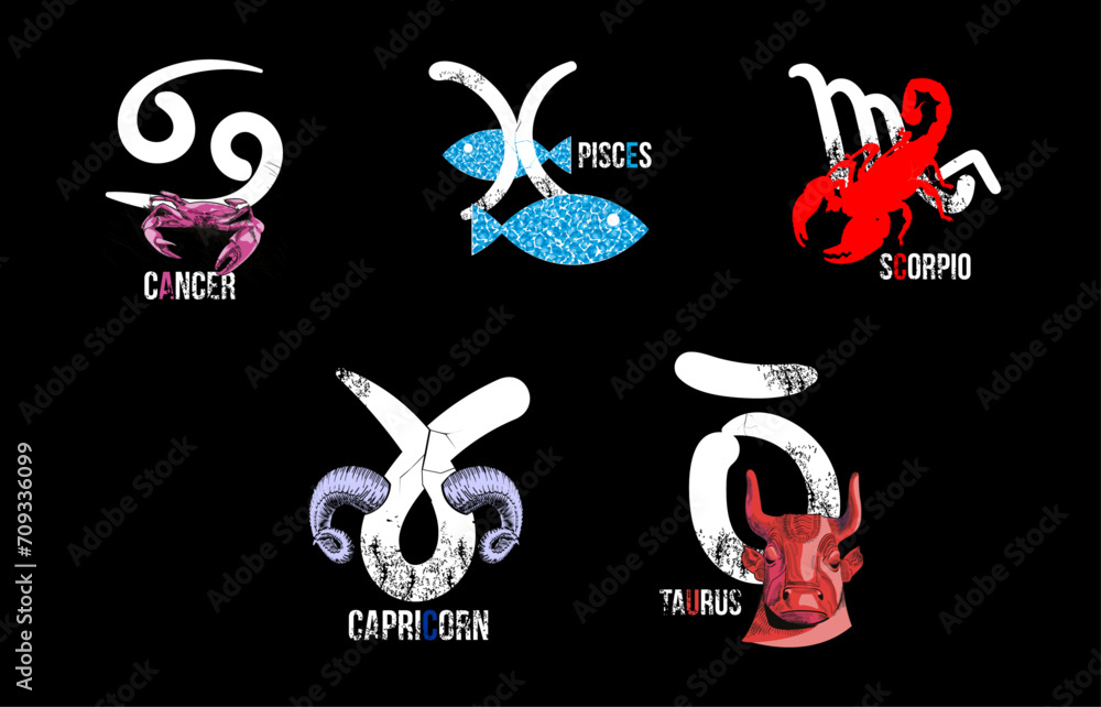 T-shirt design with five zodiac signs and illustrations on a black background. Signs of cancer, pisces, scorpio, capricorn and taurus. T-shirt design with five zodiac signs and illustrations on a black background. Signs of cancer, pisces, scorpio, capricorn and taurus.