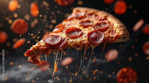 A flying slice of pepperoni pizza with stretching cheese on a black background. photo