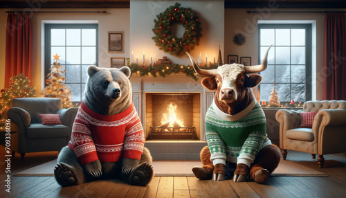 Bull and bear, the stock market mascots on Christmas eve by the fireplace photo