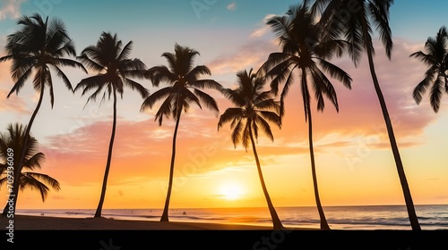 Generative AI : Panorama of Silhouette of coconut palm trees on tropical beach at sunset. photo