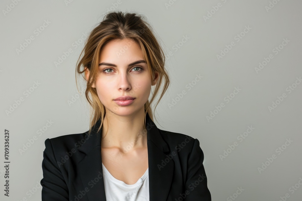 European businesswoman in a black blazer, looking at the camera with determination, isolated on a gray background European businesswoman in a black blazer, looking at the camera with determination, isolated on a gray background