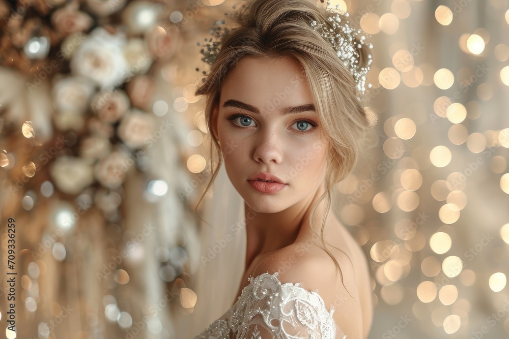 European businesswoman in a bridal gown, with wedding decor in the background, studio shot European businesswoman in a bridal gown, with wedding decor in the background, studio shot