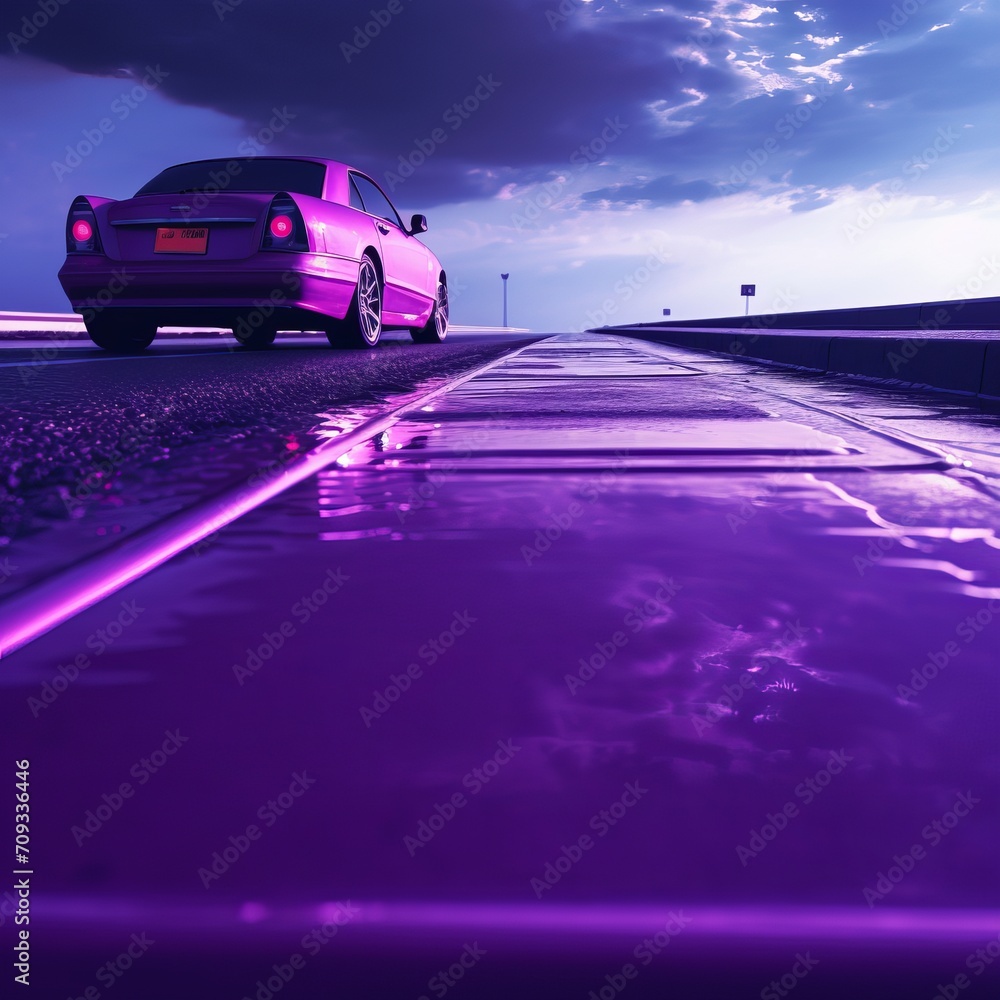 Generative AI image of A purple hover zoomed down the highway 