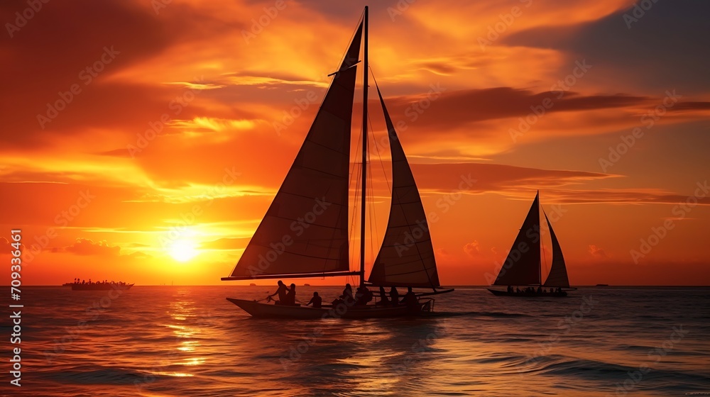 Generative AI : amazing tropical sunset and silhouette of sailing boats in Boracay island