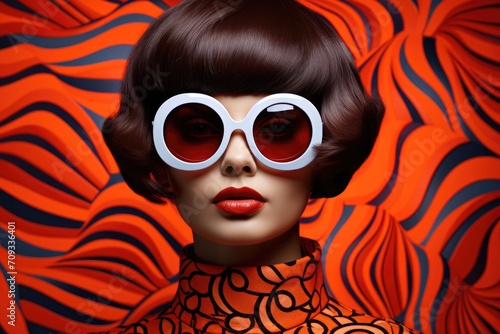 Model in white glasses with vibrant patterned background