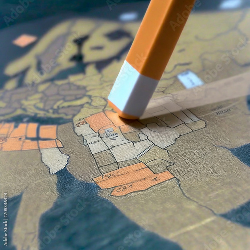 Ein Bleistift radiert mit der Radierspitze Stellen von einer Karte weg photo
