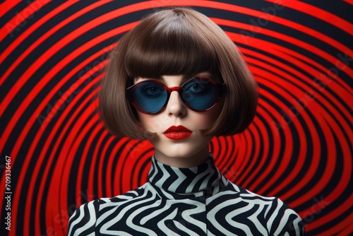 Model with blue glasses on abstract colorful background