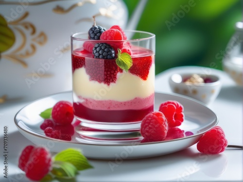 raspberry cheese cake dessert in glass, trifle with fresh berries photo