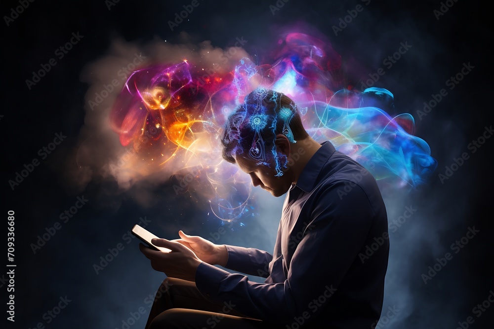 Generative AI : a man using a tablet, hyperfocused, aura from head Generative AI : a man using a tablet, hyperfocused, aura from head