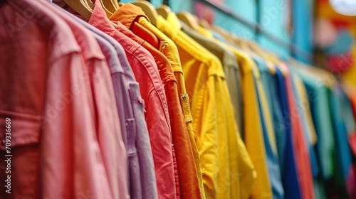 Generative AI : Hangers with colorful clothes hanging on rack near color wall