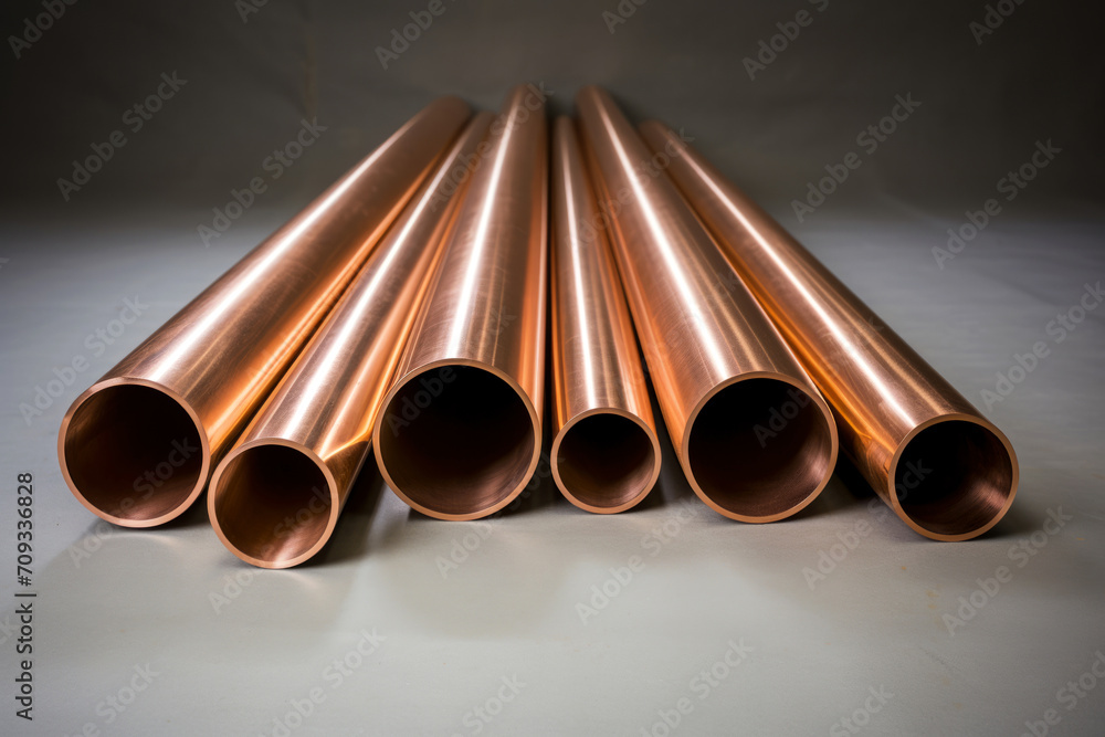 A collection of copper pipes, neatly arranged and illuminated to ...