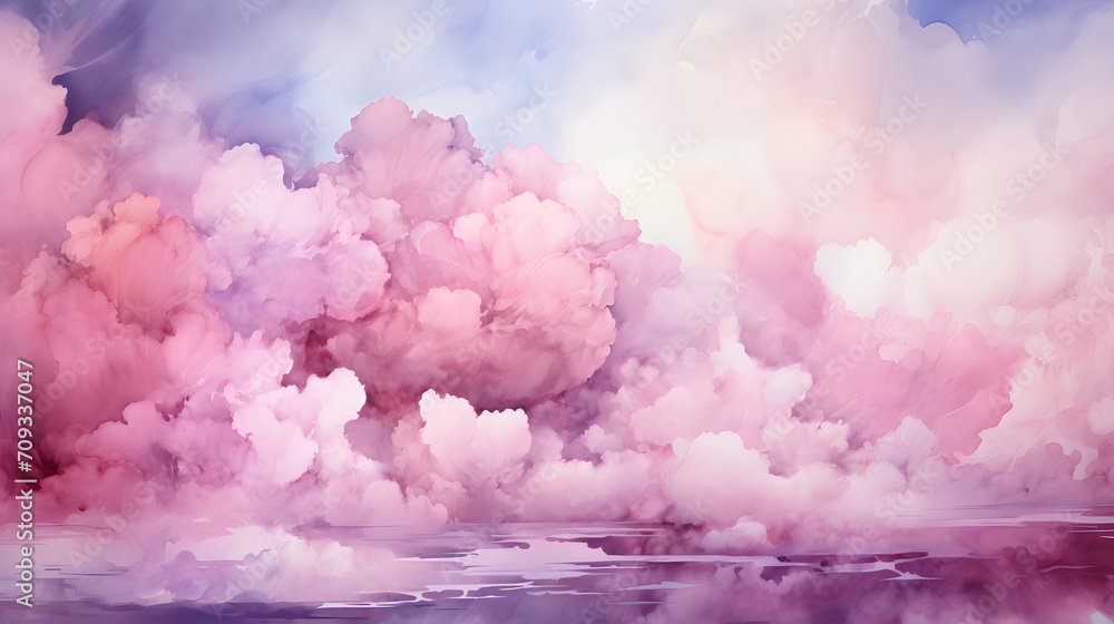 Fototapeta premium watercolor pink background with clouds painting