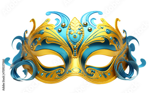 Festive Carnival Mask adorned with Bright Blue and Yellow Hues Isolated on Transparent Background PNG. © Jack