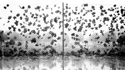 Black and white photograph capturing the poetic interplay of fallen leaves entangled on a chain-link fence with their reflection creating a mirror image on a wet surface below photo
