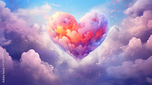 Beautiful colorful valentine day heart in the clouds as abstract background. Digital illustration of a heart in the sky with clouds. Valentine's Day background. A fantastic backdrop for a holiday.