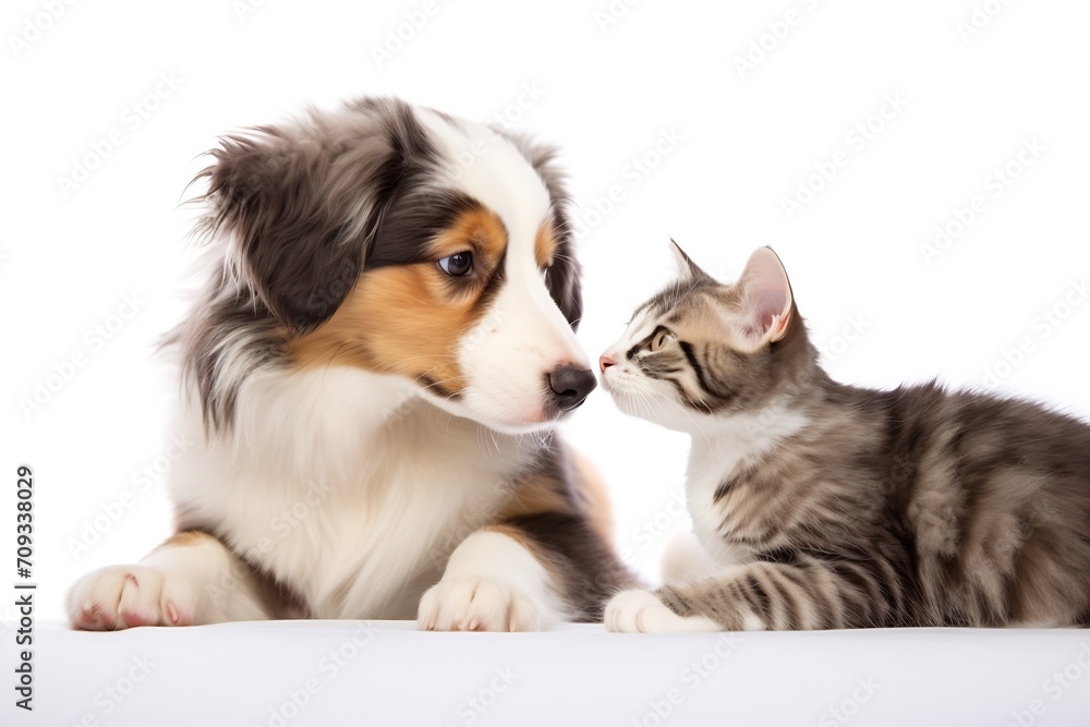 Generative AI : Cute dogs and cats together hanging paws isolated_ Generative AI : Cute dogs and cats together hanging paws isolated_