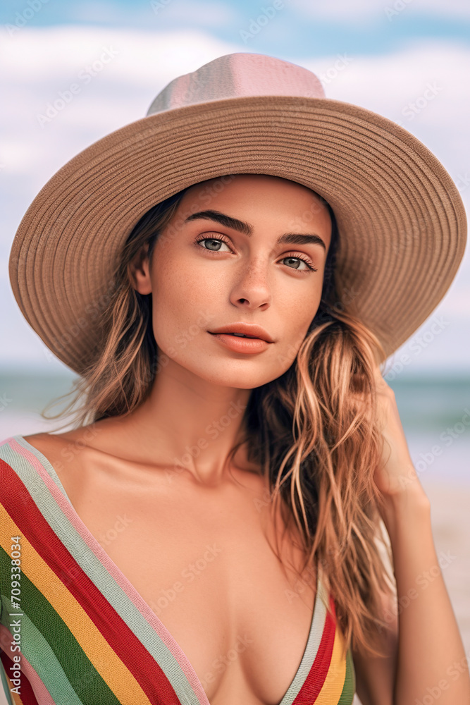 smiling young woman in a hat and a summer dress on the beach, ai generative