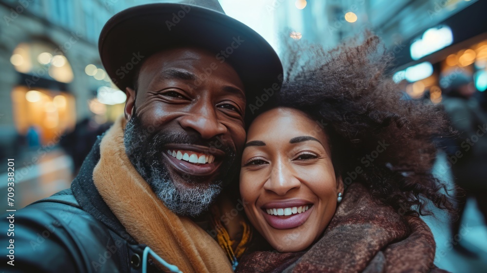 smiling multiethnic couple making selfie on the street smiling multiethnic couple making selfie on the street
