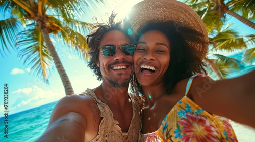 Fototapeta Naklejka Na Ścianę i Meble -  multiethnic couple making selfie on vacation on idyllic caribbean beach