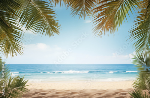Wei  er Sandstrand und t  rkis blaues Meer  Strand mit Palmen im Paradies  Palmen Rahmen den Blick auf das Meer