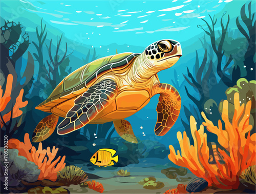 Vector drawing of large turtle under water at the coral reef with tropical fishes. Underwater world of the ocean. Algae  corals and sea anemones on the seabed.