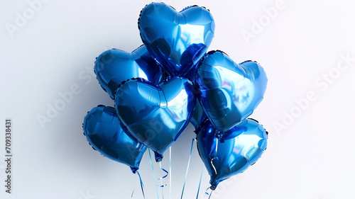 Blue balloons in shape of heart on white background. Blue heart shaped helium balloons on white background. Air balloons. Minimal love concept. Valentine's Day or wedding party decoration.  photo