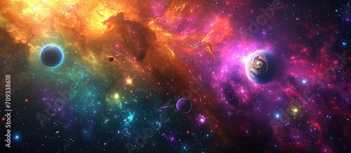 Computer generated illustration of the universe, with planets, stars, and galaxies, set against a colorful cosmos background--a dark banner wallpaper.