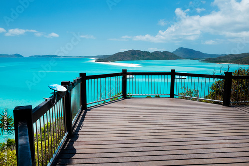 Viewpoint or Belvedere in Whitehaven Beach is on Whitsunday Island. The beach is known for its crystal white silica sands and turquoise colored waters. Autralia, Dec 2019 © Wagner