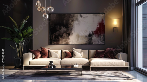 A creative lounge with a soft sofa and amazing picture, which becomes a focal element in the inter