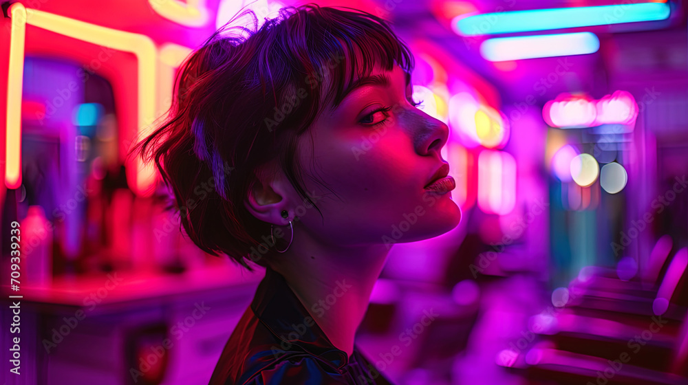 A photo of a lady with a fashionable haircut in a barbershop, where purple neon lights create a my A photo of a lady with a fashionable haircut in a barbershop, where purple neon lights create a my