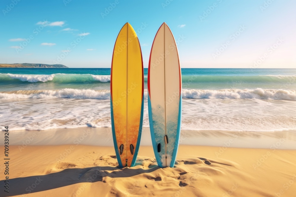 Two Surfboards.Surfboards on the beach. Vacation Concept. Panoramic banner with copy space. Surfboards on the beach. Concept of summer vacation and travel. Couple concept. Love concept. 