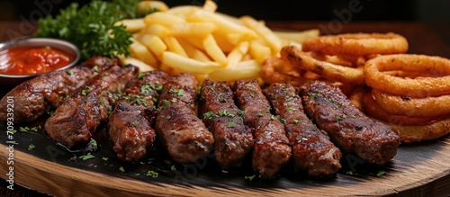 Cevapcici served with fries and onion rings. photo