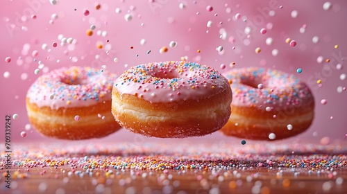 Various decorated donuts in motion falling on pink background.