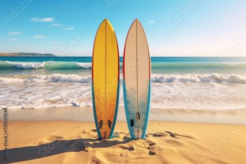 Two Surfboards.Surfboards on the beach. Vacation Concept. Panoramic banner with copy space. Surfboards on the beach. Concept of summer vacation and travel. Couple concept. Love concept.  © John Martin