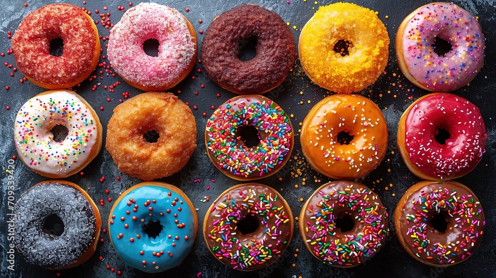 assorted donuts with chocolate frosted, pink glazed and sprinkles donuts assorted donuts with chocolate frosted, pink glazed and sprinkles donuts