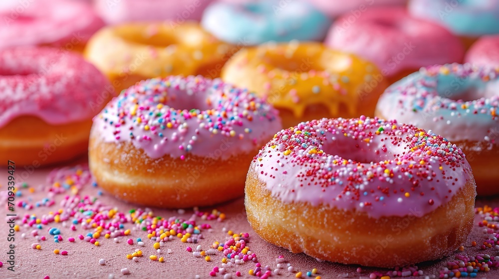 assorted donuts with chocolate frosted, pink glazed and sprinkles donuts