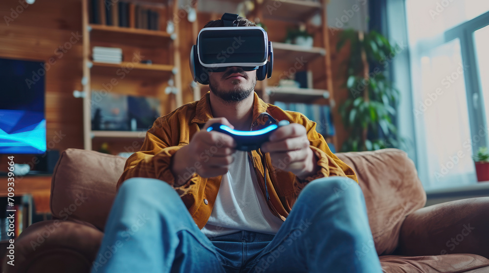 enthusiastic man plays with virtual reality Ai generative enthusiastic man plays with virtual reality Ai generative