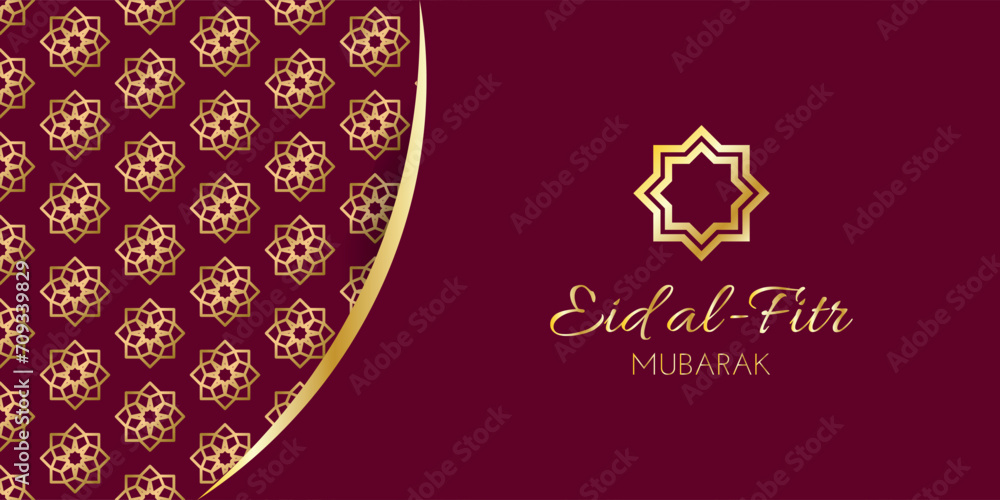 Eid Al Fitr, Eid Mubarak Arabic Islamic Luxury Banner, card, poster, cover with Islamic Pattern on dark red background