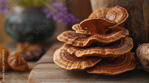 Immune Wellness, Close-Up of Dried Reishi Mushroom on a Wooden Table, Focus on Its Medicinal Properties. photo