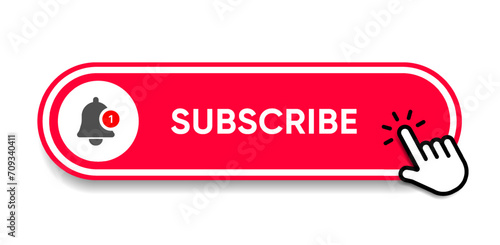 Subscribe button Bell, notification icon button and hand cursor click. Red button subscribe to channel social media, marketing, blog. Vector illustration for website, mobile app, UI UX. EPS 10