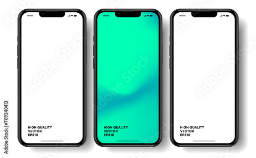 Realistic smartphone mockup. Mobile phone vector with isolated on white background. Device front view. 3D mobile phone with shadow. Realistic, high quality smart phone mockup for ui ux presentation.