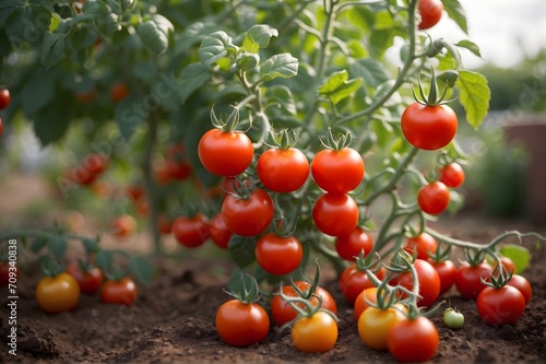 Ripe tomatoes on green branch. Home grown tomato vegetables growing on vine in greenhouse. Autumn vegetable harvest on organic farm. 