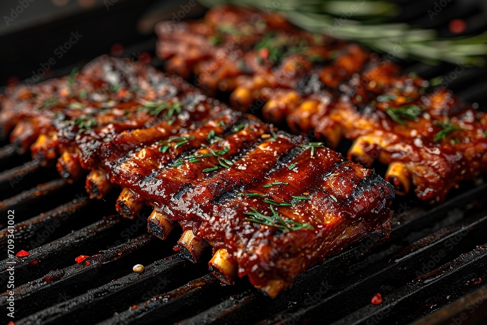 Closeup of pork ribs grilled with BBQ sauce and caramelized in honey. Tasty snack to beer Closeup of pork ribs grilled with BBQ sauce and caramelized in honey. Tasty snack to beer